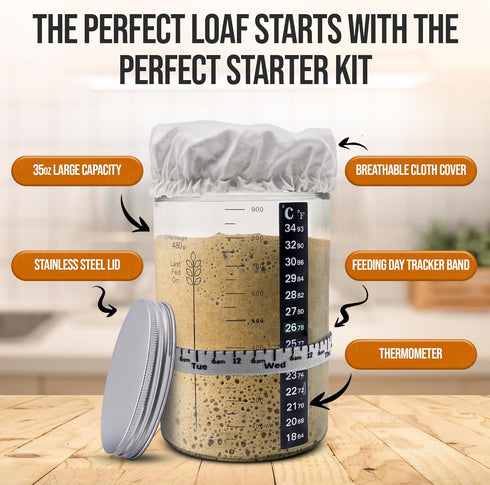 9" 34oz Complete Sourdough Starter Kit and Sourdough Bread Baking Supplies - Includes Banneton Proofing Basket