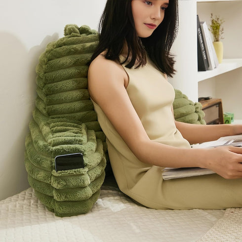 Memfydu Faux Fur Fluffy Sage Reading Pillow with Pockets, Luxury Striped Plush Decorative, Arm Rests and Back Support
