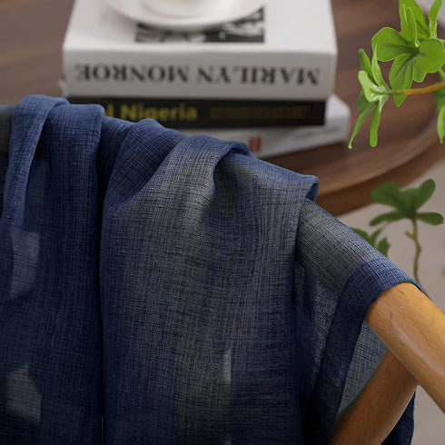 Navy Kitchen Curtains, 36 Inch Length for Basement Window, Semi Sheer Faux Linen Short Cafe Tier Drapes