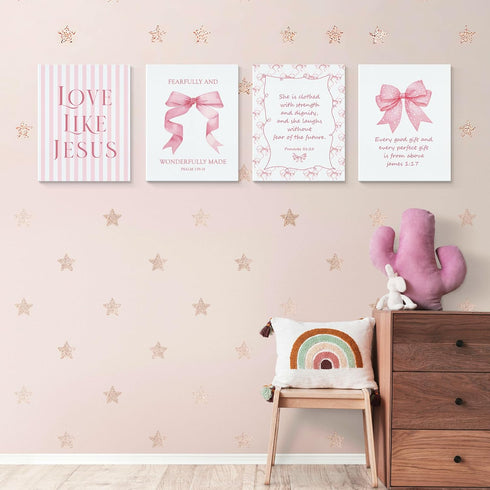LARTSFRO 11x14 Inch Set 4 Coquette Pink Bow Jesus Canvas Wall Art Decor Posters Prints, Light Pink Bow Room Bedroom