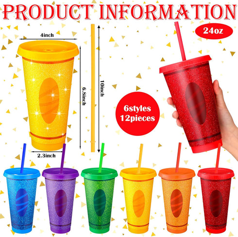 12 Set 24oz Skylety Teacher Appreciation Gift Bulk Include Reusable Pencil Plastic Coffee Cup with Lid Straw Graduation