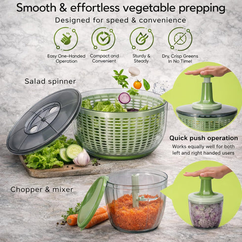 6.3-Quart 0.95-Quart Brieftons Salad Spinner and Chopper: Large Lettuce Greens Vegetable Washer Dryer, with Bonus