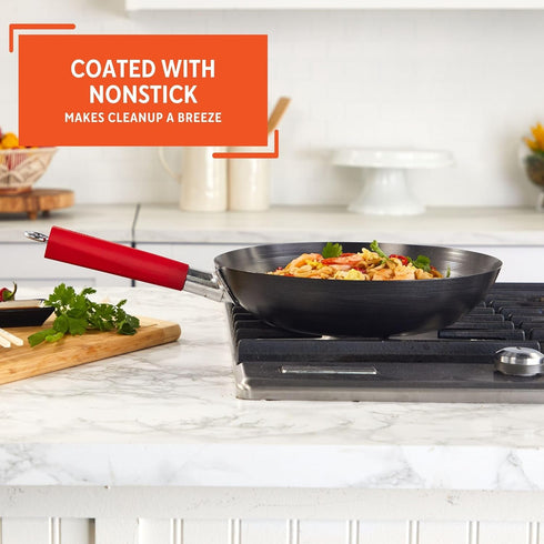 Imusa USA 12" Nonstick Carbon Steel Wok, Red PAN-10046 with Handle