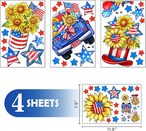 Mfault 4th of July Patriotic Window Clings 4 Sheets, America USA Sunflower Flower Floral Blue Truck Stickers Decal Decorations, American Flag Mason Jar Hat Stars Stripes Home Kitchen Decor
