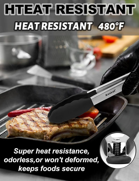 Anaeat Non-Stick Silicone Locking Tongs Set of 2 - 9" and 12" Stainless Steel Kitchen Food Tongs with Non-Slip Tips