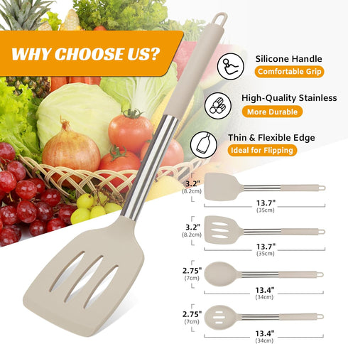 Kitchen Utensils Set of 4 Pack,Silicone Kitchen Utensils Set for Nonstick Cookware,Perfect for Baking and Mixing,Spatula Set BPA Free,Dishwasher Safe,Khaki by YASUEBI