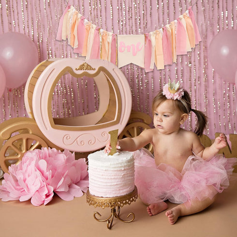 1st Girl Pink Theme Birthday High Chair Banner - Boho First Birthday Cake Smash Photo Decor (PINK ONE HF)