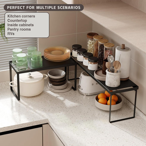 2 Pack Counter Countertop Magheo Expandable Cabinet Shelf Organizer, Stackable Kitchen Shelf Riser, Metal Spice Rack