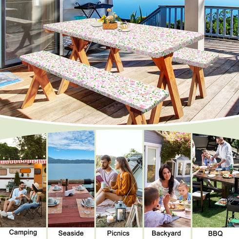 HobbLab Rv,72in,Pink Picnic Table Cover with Bench Covers Portable Table Cloth Built-in Storage Pocket Fitted