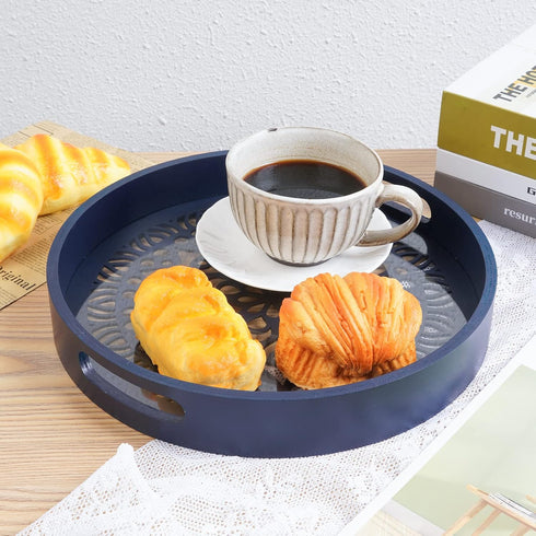 LINKOVE 12" Counter,White Decorative Tray, Round Wood Tray for Home Decor, Small Wooden Serving Tray with Handles