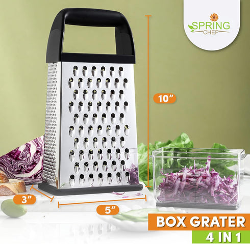 Spring Chef 10" Professional Parmesan Cheese Grater with Container, 4 Sided Kitchen Cheese Shredder, Black Soft Grip