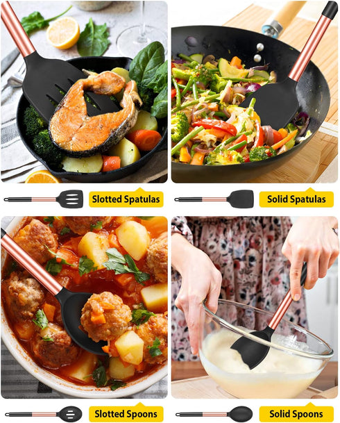 Pack of 4 Silicone Cooking Utensils Set - Non-Stick Heat Resistant Rose Gold Black Slotted Spoons for Frying & Mixing.