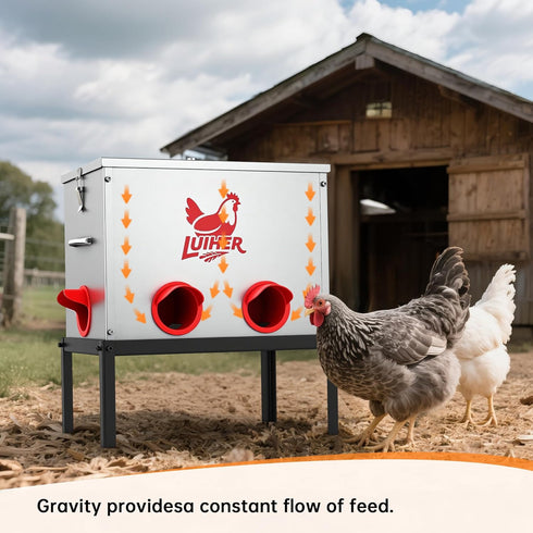 LUIHER 40lb 6 Chicken Food Dispenser Ports Large Capacity Galvanized Metal Poultry Feeder with Legs and Lids - Reduces