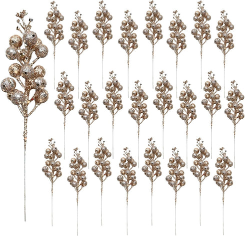 Huisipool 24 Pieces Christmas Glitter Berries Stems Artificial Berry Twig Stem Berry Picks