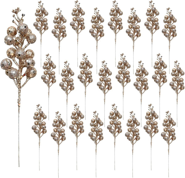 Huisipool 24 Pieces Christmas Glitter Berries Stems Artificial Berry Twig Stem Berry Picks