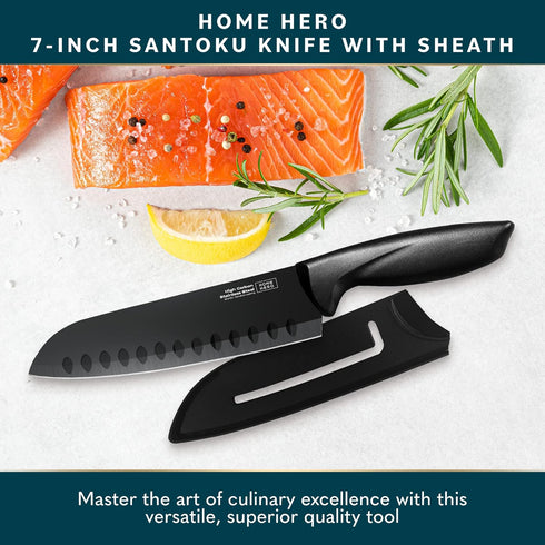 Home Hero 2 Pcs Santoku Knife with Sheath - High Carbon Stainless Steel Chopping Knife with Ergonomic Handle - Razor-Sharp Multi-Purpose Kitchen Knife for Chopping Vegetable and Cooking (Black) by Home Hero