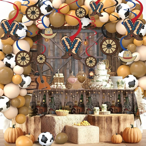 Western Party Hanging Swirl Decorations - Red & Blue Swirl with Cowboy Cutouts (Pack of 12) - 5" & 7"