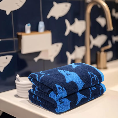 ORIGINAL KIDS Set 12 100% 12 12 Wash Cloth - Bath Time Shark Attack of Washcloths - Cotton Jacquard Super Soft Colorful