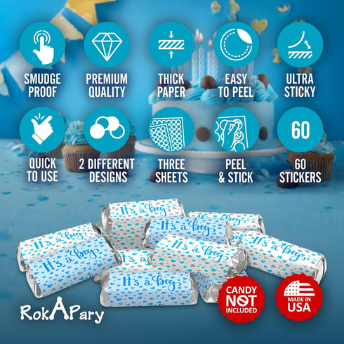 60 It's a Boy Blue Baby Shower Miniatures Candy Bar Wrapper and Stickers Decorations, Made in USA (Candy Not Included)