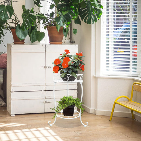 White Metal Plant Stand, 18.5 inch Tall, 2 Tier Potted Holder Rack, Heavy Duty Flower Pot Shelf for Indoor Outdoor