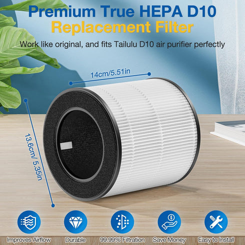 D10 Replacement Filter for Tailulu D10 HEPA Air Purifier, 3-in-1 H13 Grade, 2 Pack