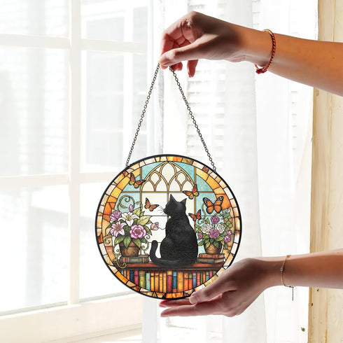 FIVITY 7.8" Black Cat Suncatcher Stained Glass Window Hanging Bookshelf Sun Catchers Book Lover Ornament Wall Art Home