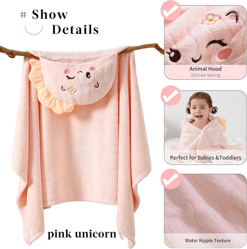 2 Pack 0-12 27.5 55 inch Hooded Towel for Kids, Coral Fleece Kids Bath Towels, Soft and Absorbent Toddler Towels