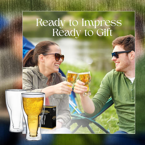 Dragon Glassware Beer Glasses, 13.5 oz Clear Double Wall Insulated Set of 2, Upside Down Design