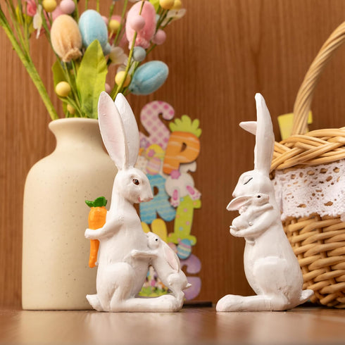 2Pcs 5.5 Inch Easter Bunny Decorations - White Resin Easter Rabbits with Carrot, Decorative Bunnies Mom with Kids