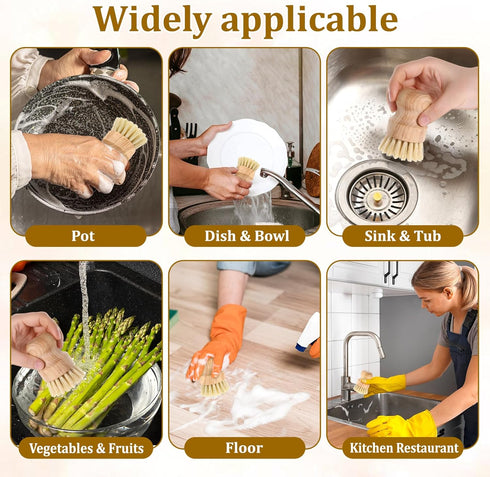 SynHHergyx 6 Packs Bamboo Dish Scrub Brushes Wok Brush Dish Scrubber Brush Kitchen Dishwashing Scrubber with Natural