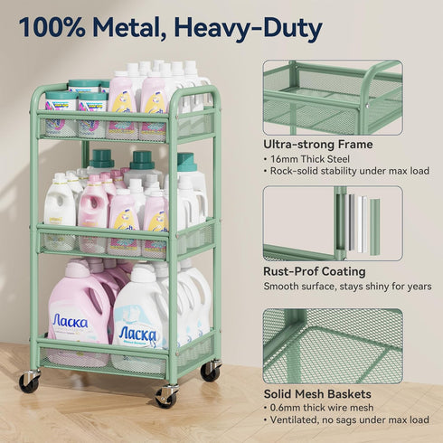 3 YASONIC Tier Rolling Cart Metal Utility Storage Carts with Wheels, Craft Carts Organizer with Hanging Cups, Hooks