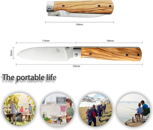 SENBON 440A Stainless Steel Ultra Sharp Pocket Folding Japanese Peeling Utility Knife, Natural Olive Handle