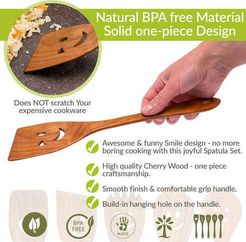 MFC 5-Piece Wooden Cooking Spoons Set, Natural Cherry Wood Kitchen Utensils with Smiley Faces for Cooking