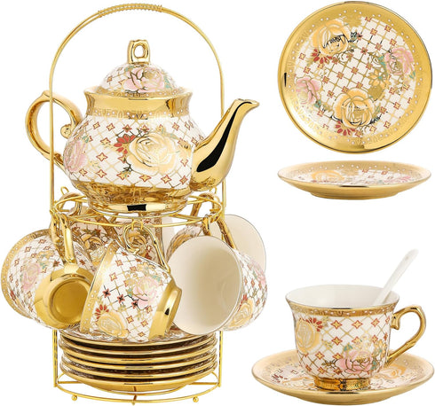 TATSUMI 20 Pieces Porcelain Tea Set With Metal Holder, European Ceramic tea set