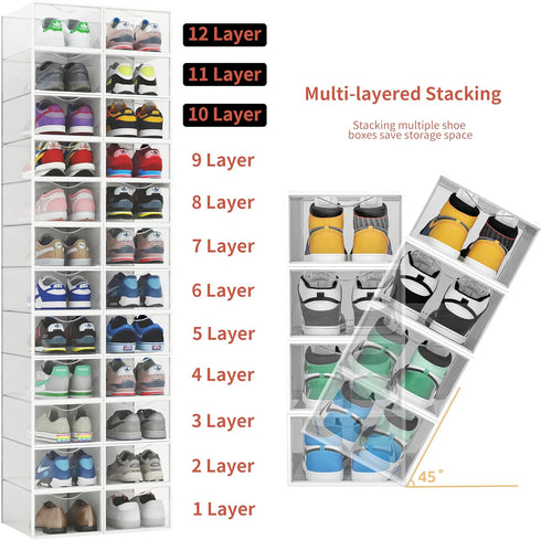 12 Pack Closet, Seseno Shoe Storage Bins, Clear Plastic Stackable Shoe Organizer for Space Saving Foldable Shoe Rack