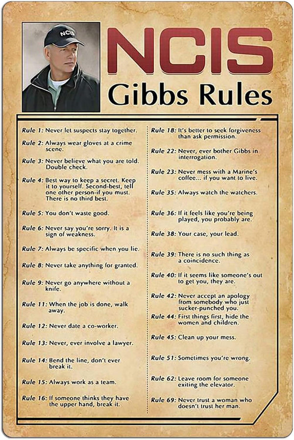 Retro Poster Tin Sign, NCIS-Gibbs-Rule Printed Canvas Decoration, Funny Family Cafe Kitchen Bathroom Wall Decor 8x12