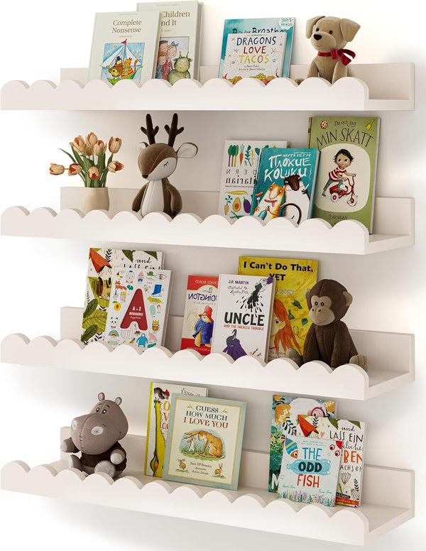 Shario Nursery Book Shelves, 4-Pack White Floating Shelves for Wall Kids, Scalloped Shelves,