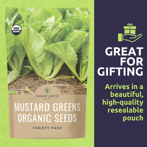 Pack 4 Packs 2026 Organic Mustard Green Seeds Variety - Individual - Season - Mizuna, Pizzo, Bekana, and Red Giant!