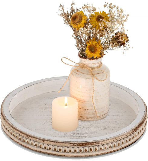 Farmhouse Wood Tray Candle Holder - Romadedi Bead Round Wooden Decorative Tray