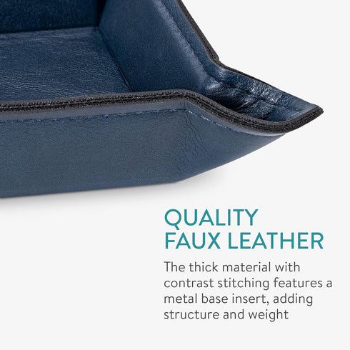Navaris Faux Leather Tray Set - 2 Navy Blue Valet Organizer Trays for Bedside Table, Night Stand, Desk Storage