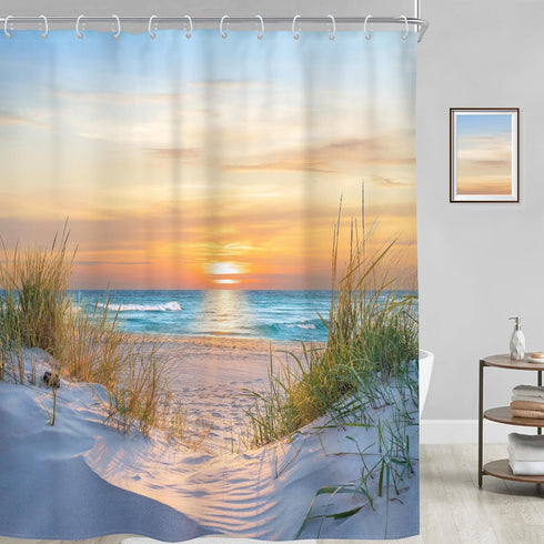Riyidecor Beach Ocean Coastal Shower Curtain - 60Wx72H Inch Tropical Landscape Fabric Decor with 12 Pack Hooks