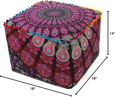 18X18X14 inches, CRAFT KALA Indian Square Patchwork Traditional Pouf Cover Indian Living Room Poufs Cover Decorative