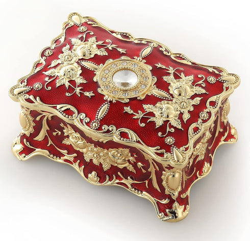 ROSIKING Red Rectangle Emboss Alloy Metal Music Box Wind Up Antique Jewelry Musical Boxes Christmas Birthday