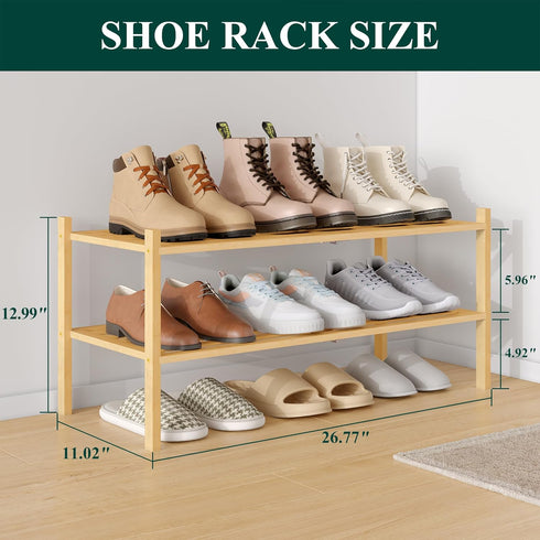 2-Tier, Closet, Smiry Bamboo Shoe Rack Stackable Wooden Shoe Organizer for Entryway & Free Standing Wood Shoe Storage