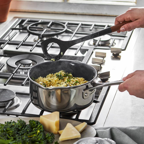 STAUB Risotto Spoon, Durable BPA-Free Matte Black Silicone Cooking Utensil with Acacia Wood Handles