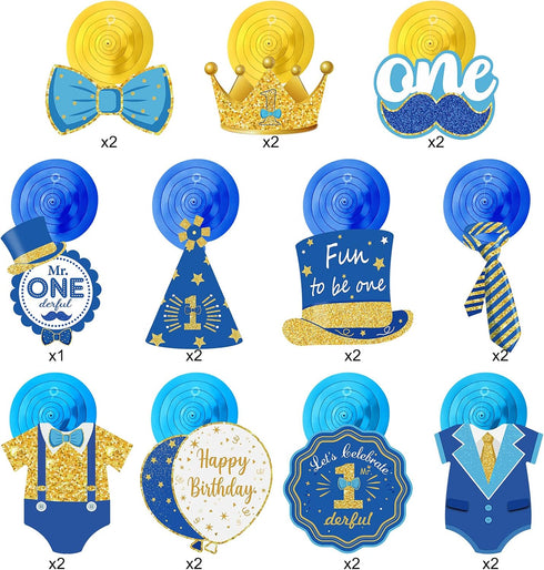 30 Pieces Mr Onederful Boys 1st Birthday Decorations - Blue and Gold Hanging Foil Swirls for Baby Boy First Birthday