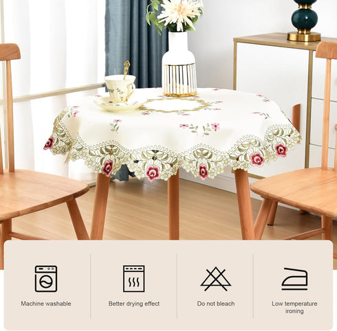33 Inch Wolkemer Jacquard Small Round Tablecloth Vintage Floral Embroidered Lace Beige Table Cover for Nightstand End