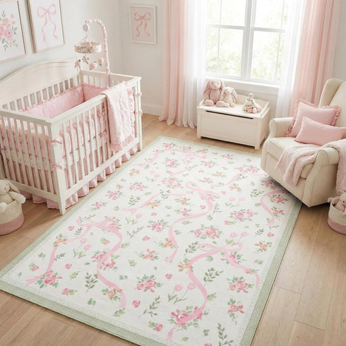 GarveeHome Coquette Pink and Green Bow Rugs for Bedroom Girls, 4x6 Rug
