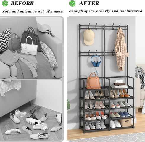 5-Tier 8 Laiensia Entryway Coat Rack, Coat and Shoe Rack, Entryway Bench Storage Organizer with Hooks for Bedroom