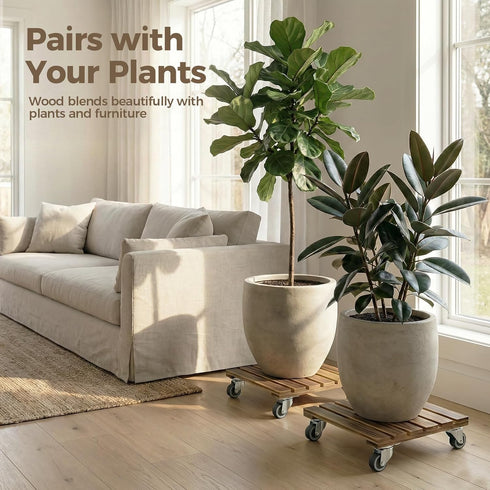 300lb 12inch 2 Pack Bamworld Wood Plant Caddy with Wheels, Capacity, Heavy Duty Planter Stand with Wheels Plant Dolly